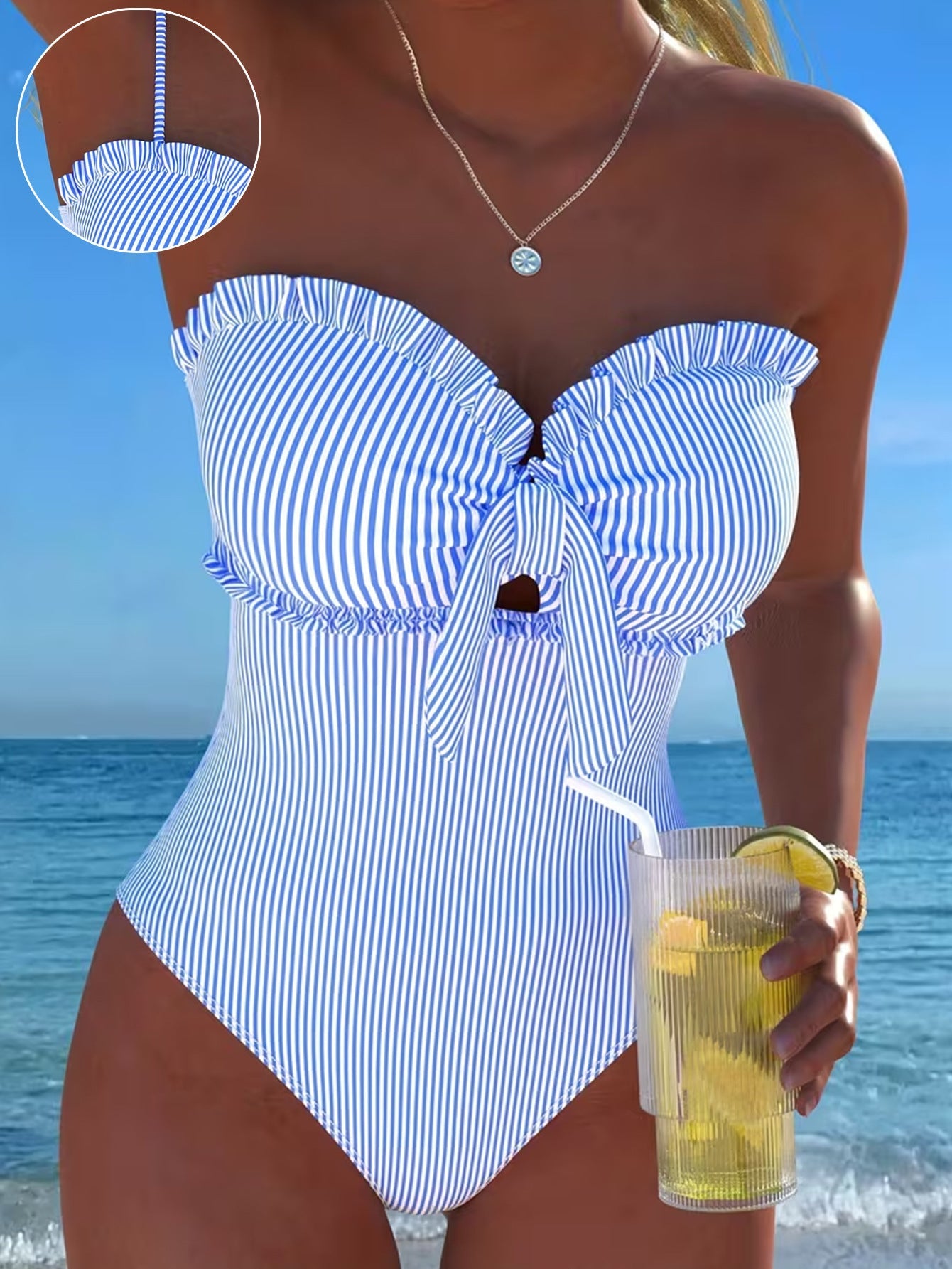 Damen Einteiliger Badeanzug mit Rüschen und Wickel-Design R&B