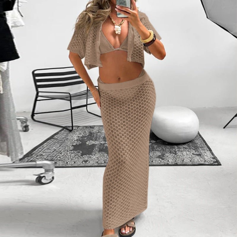 Damen gehäkeltes Crop-Top und Maxi-Rock Set R&B