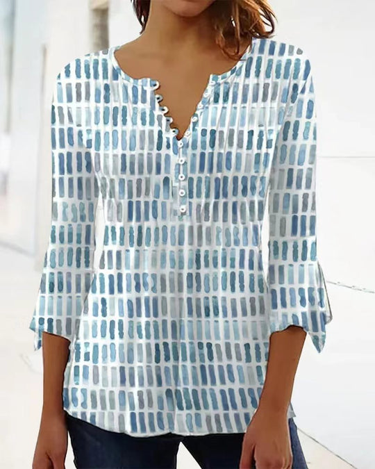 Damen nan luftig leichtes Aquarell-Print Blusenshirt mit Henley-Knopfleiste und dreiviertel Glockenärmeln R&B