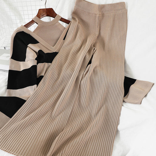 Damen modisches Strick-Loungewear-Set mit Streifenmuster und hohem Kragen R&B