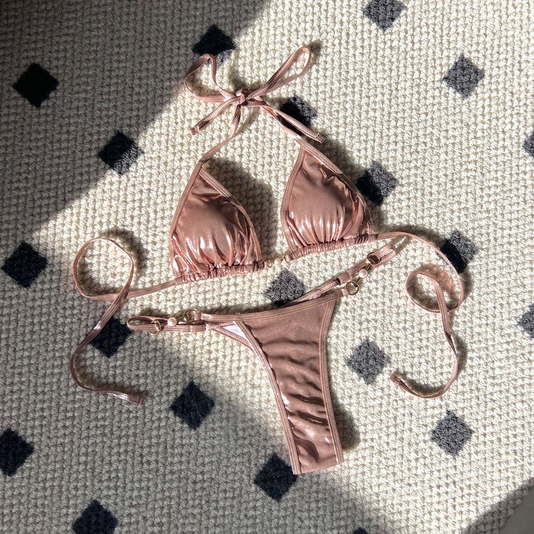 Damen Triangel-Bikini mit verstellbaren Trägern und glänzenden Akzenten R&B