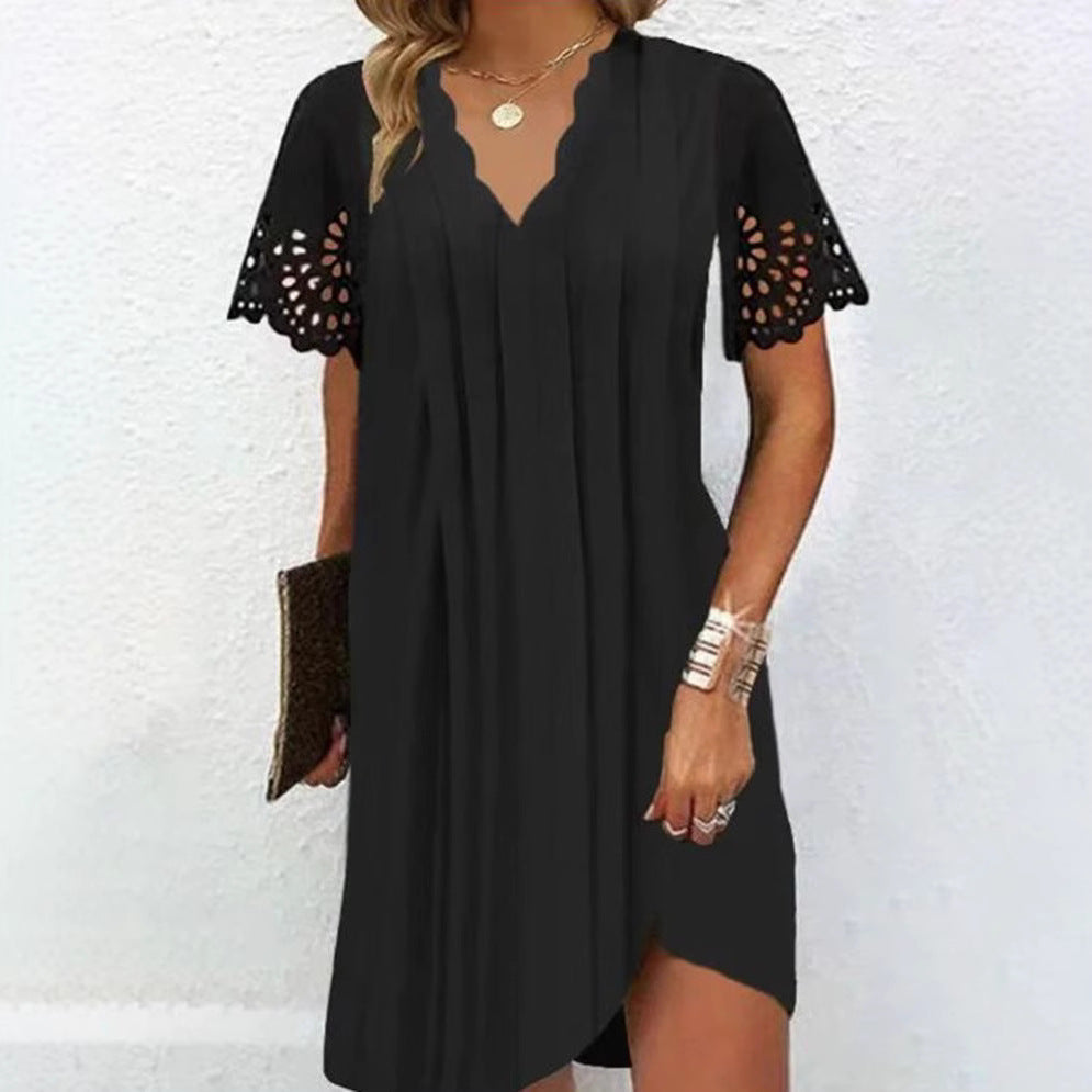 Damen nan leichtes Sommerkleid mit gezacktem V-Ausschnitt Ajourärmeln und geschwungenem Saum R&B