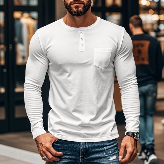 Herren Langarm-Henley-Shirt mit strukturierter Oberfläche und praktischer Brusttasche R&B