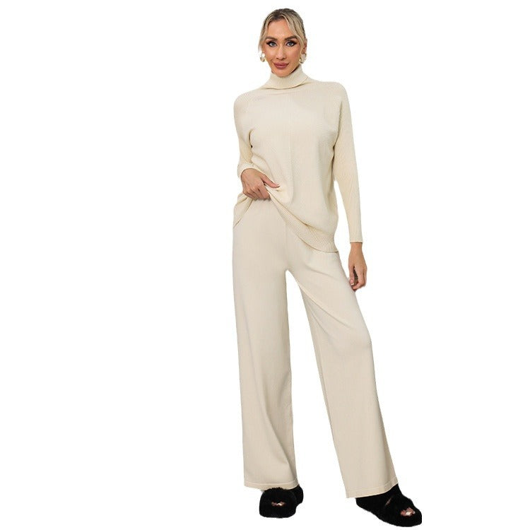 Damen elegantes Strick-Loungewear-Set mit hohem Kragen und weitem Schnitt R&B
