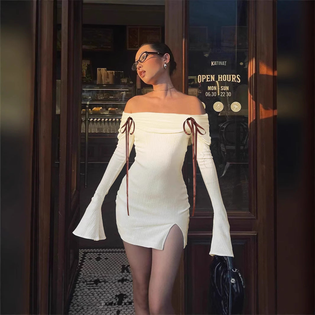Damen Minikleid mit Off-Shoulder Design und dekorativen BindR&Bändern R&B