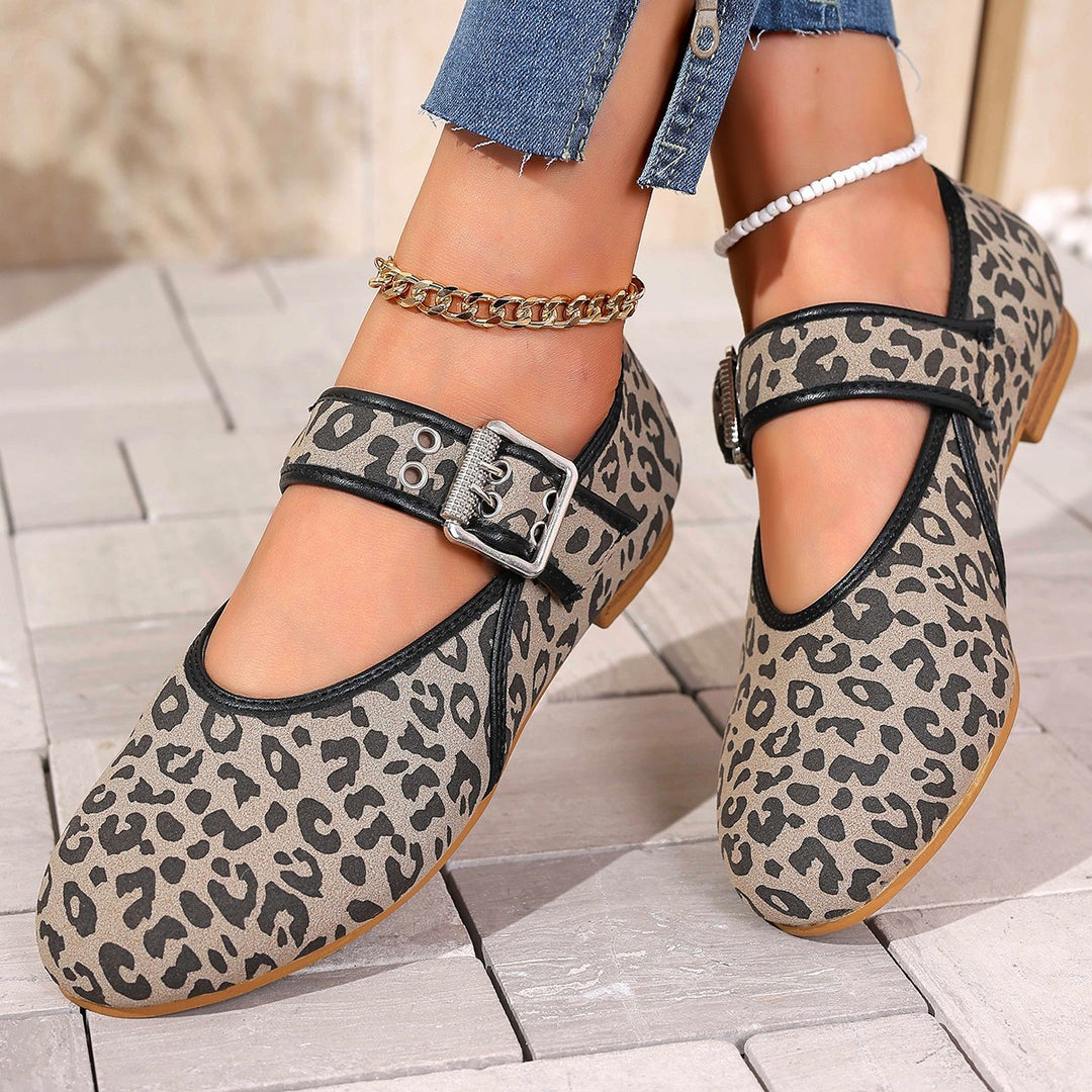 Damen Mary Jane Ballerinas mit modischem Leopardenmuster und bequemer Schnalle R&B