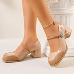 Damen elegante Lackpumps mit Blockabsatz und Riemchen-Design EB