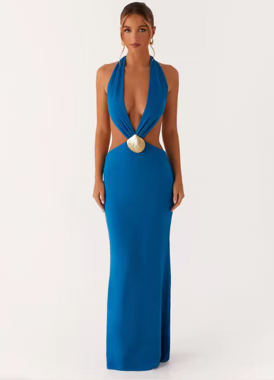 Damen Glamouröses Maxikleid mit tiefem V-Ausschnitt und seitlichen Cut-Outs R&B
