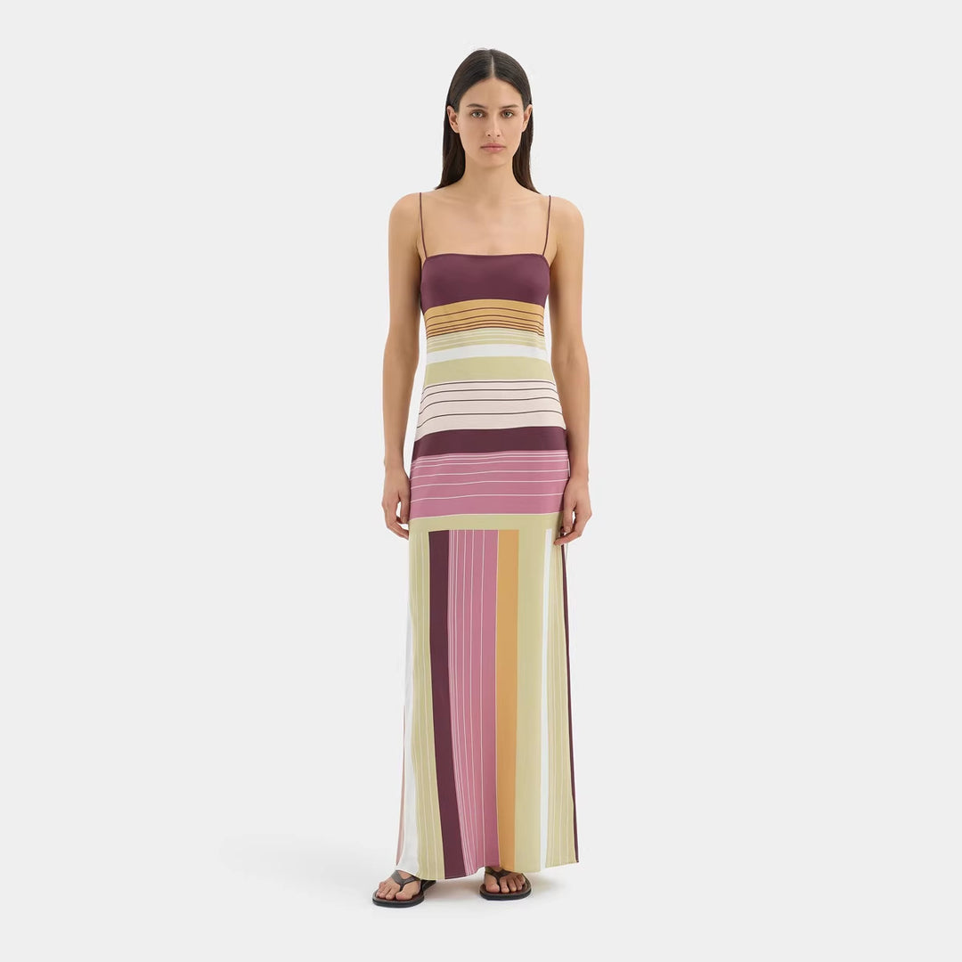 Damen nan figurbetontes Maxikleid mit Spaghettiträgern, geradem Ausschnitt, Paneelstreifen und seitlichem Schlitz R&B