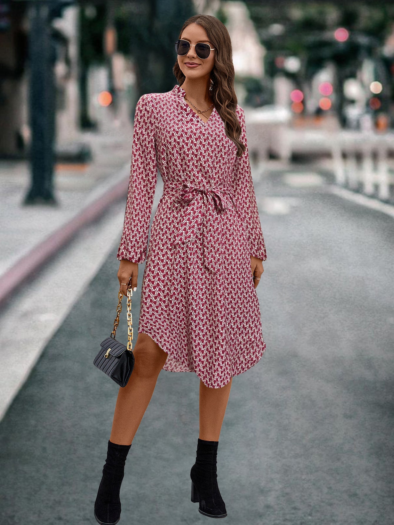 Damen Wickelkleid mit elegantem Muster und Taillengürtel R&B