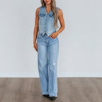 Damen Denim Weste mit Knopfleiste und modernen Schnittrahmen R&B