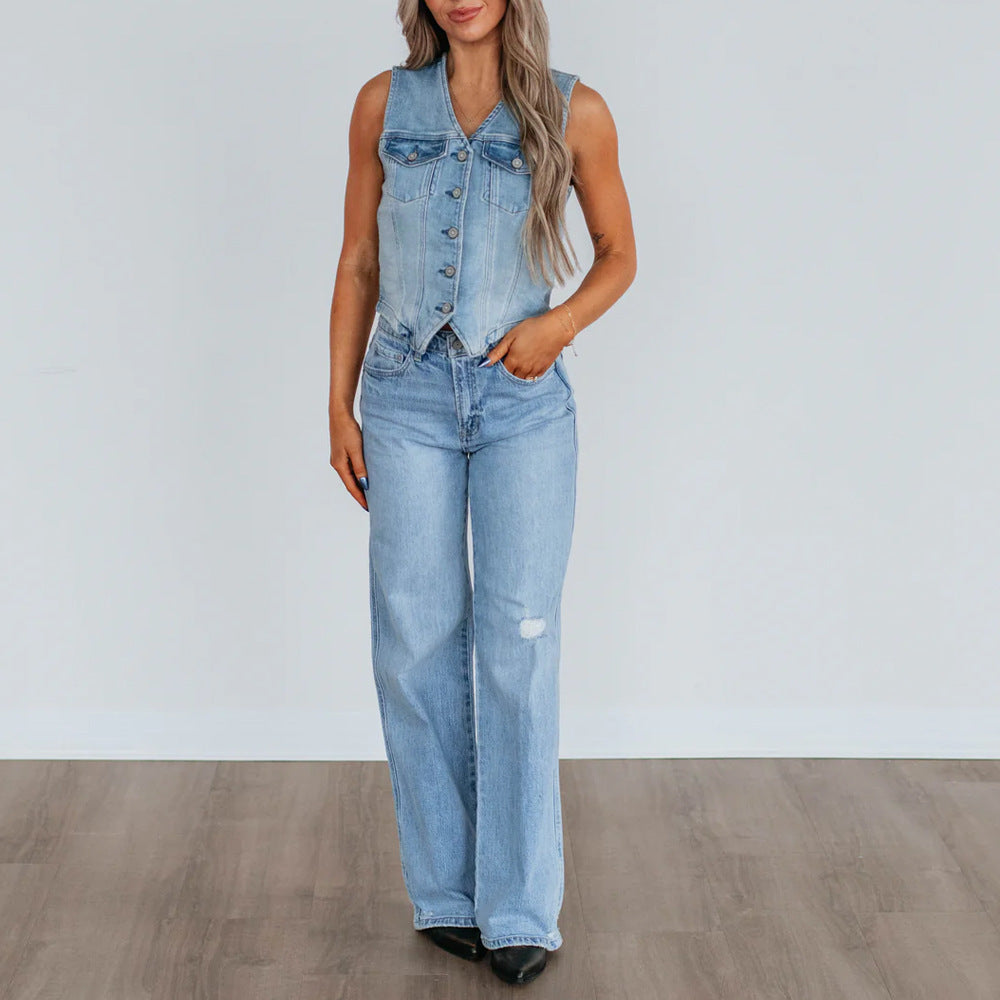 Damen Denim Weste mit Knopfleiste und modernen Schnittrahmen R&B