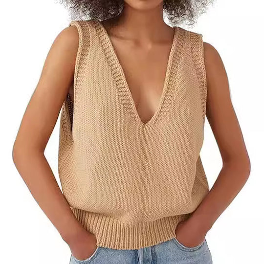 Damen Stricktop mit tiefem V-Ausschnitt und strukturiertem Abschluss R&B