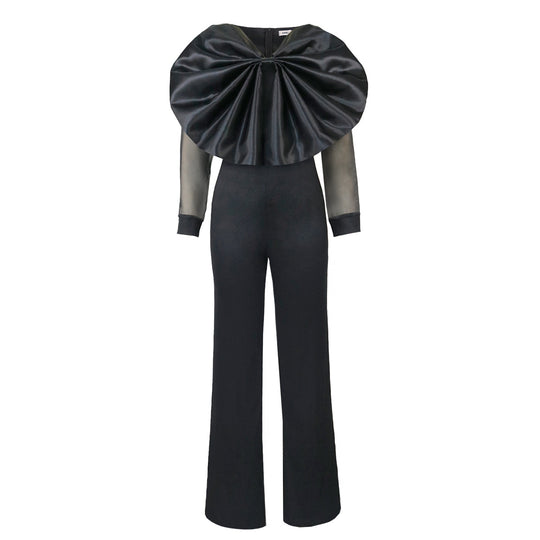 Damen eleganter Jumpsuit mit voluminösem Satinkragen und transparenten Ärmeln R&B