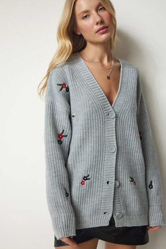 Damen Strickjacke mit floralem Stickdesign und komfortablem Schnitt R&B
