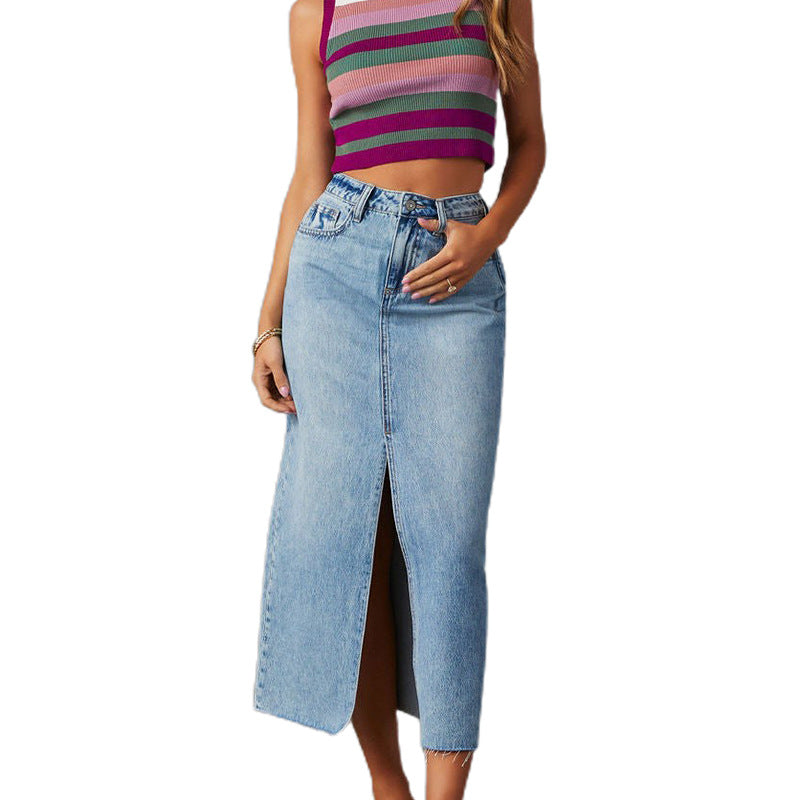 Damen Lässiger Denim Rock mit seitlichem Schlitz und fransigem Saum R&B