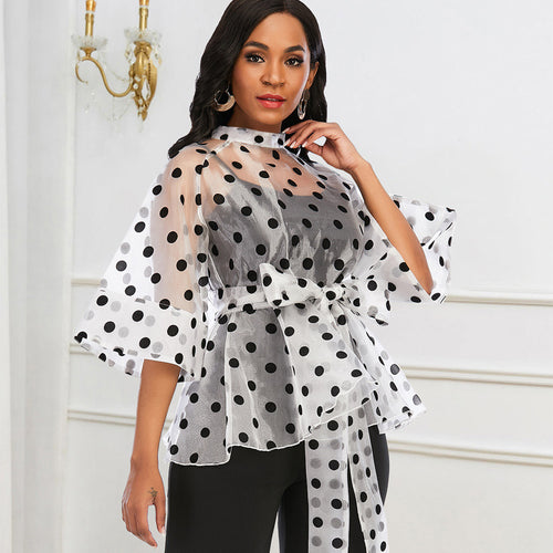 Damen Chiffonbluse mit transparentem Polka-Dots-Design und tailliertem Bindegürtel R&B