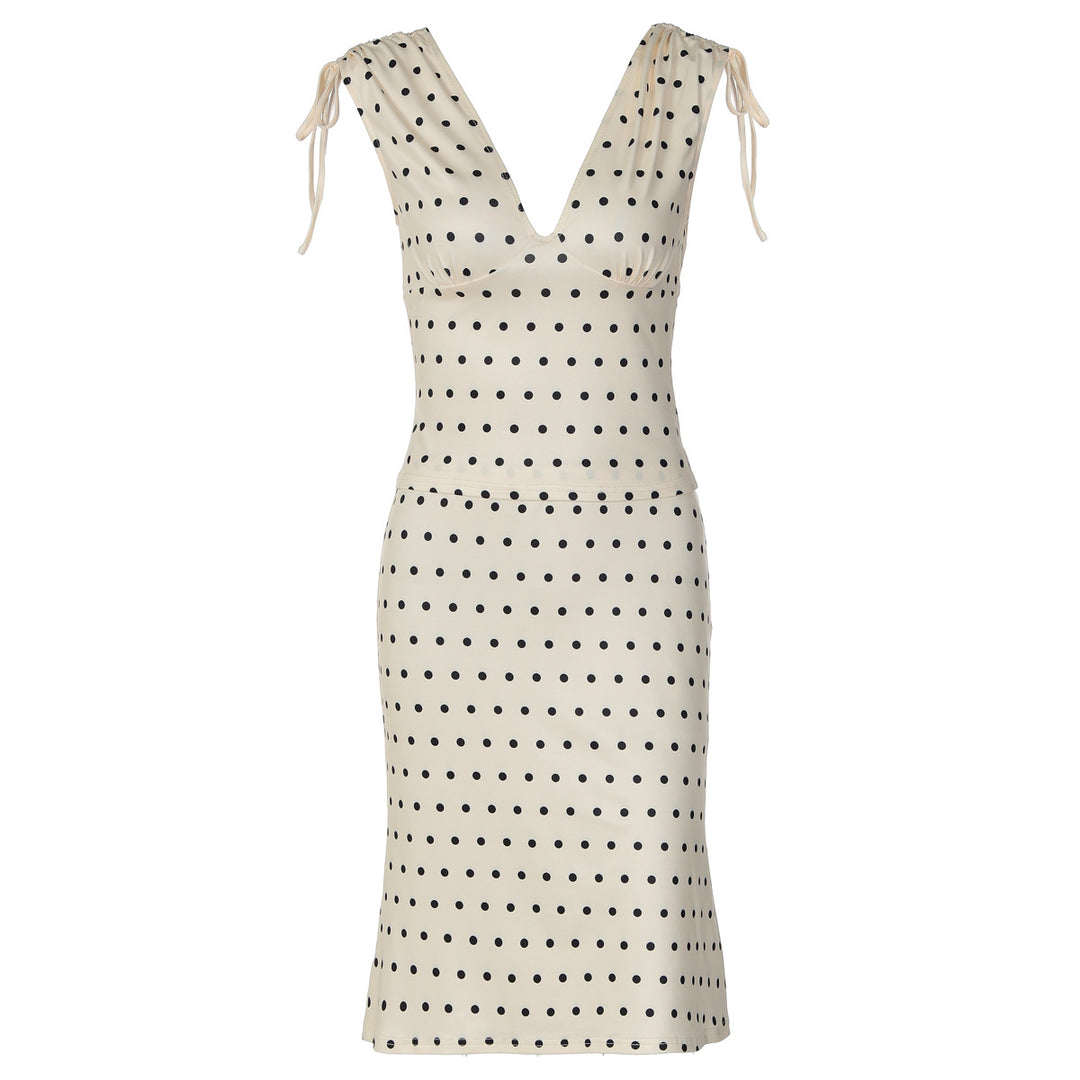 Damen Elegantes Polka-Dot Kleid mit tiefem V-Ausschnitt und verstellbaren Schulterbändern R&B