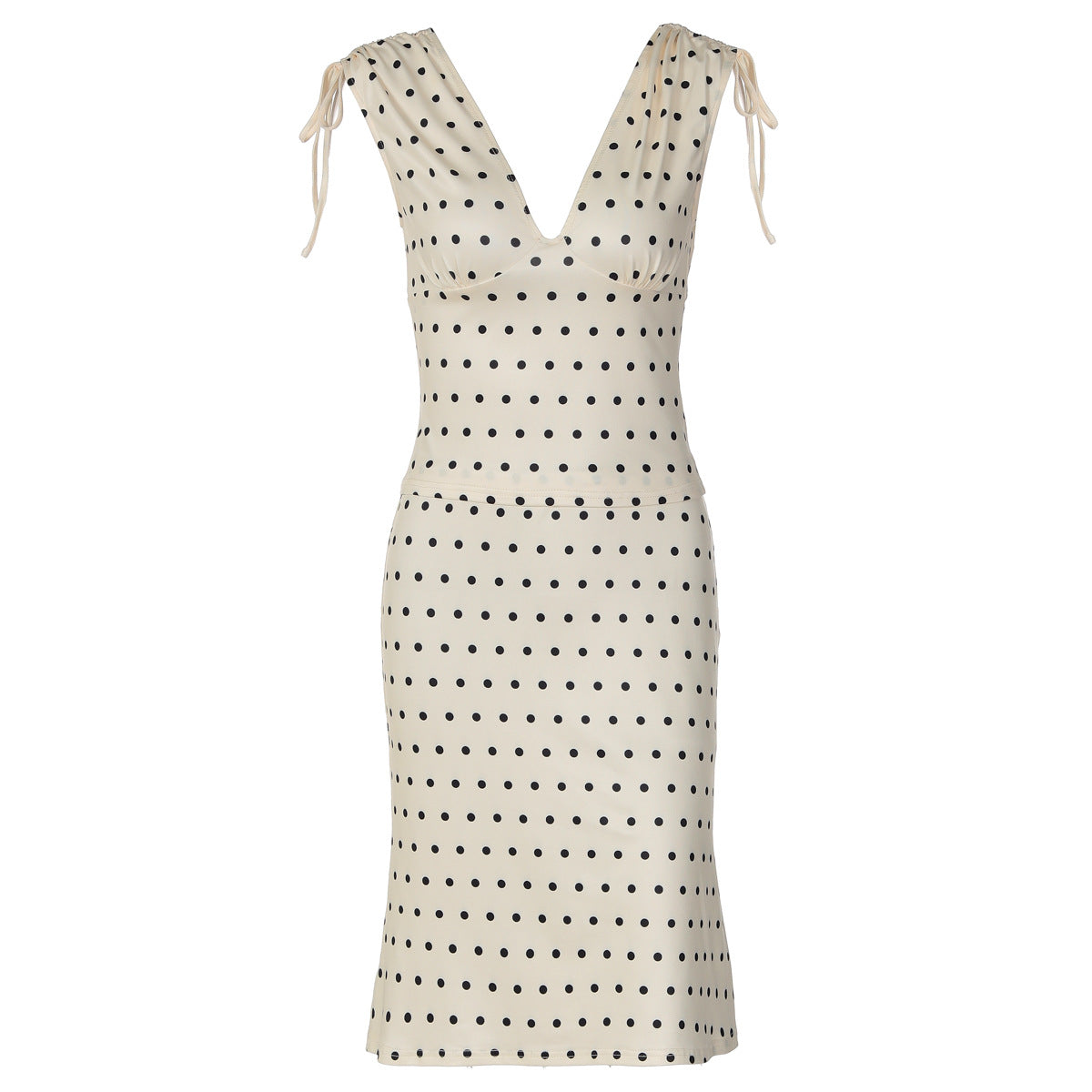 Damen Elegantes Polka-Dot Kleid mit tiefem V-Ausschnitt und verstellbaren Schulterbändern R&B