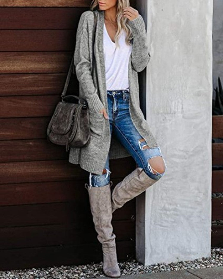 Damen Langer Strickcardigan mit lässigen Taschen und modernem Design
