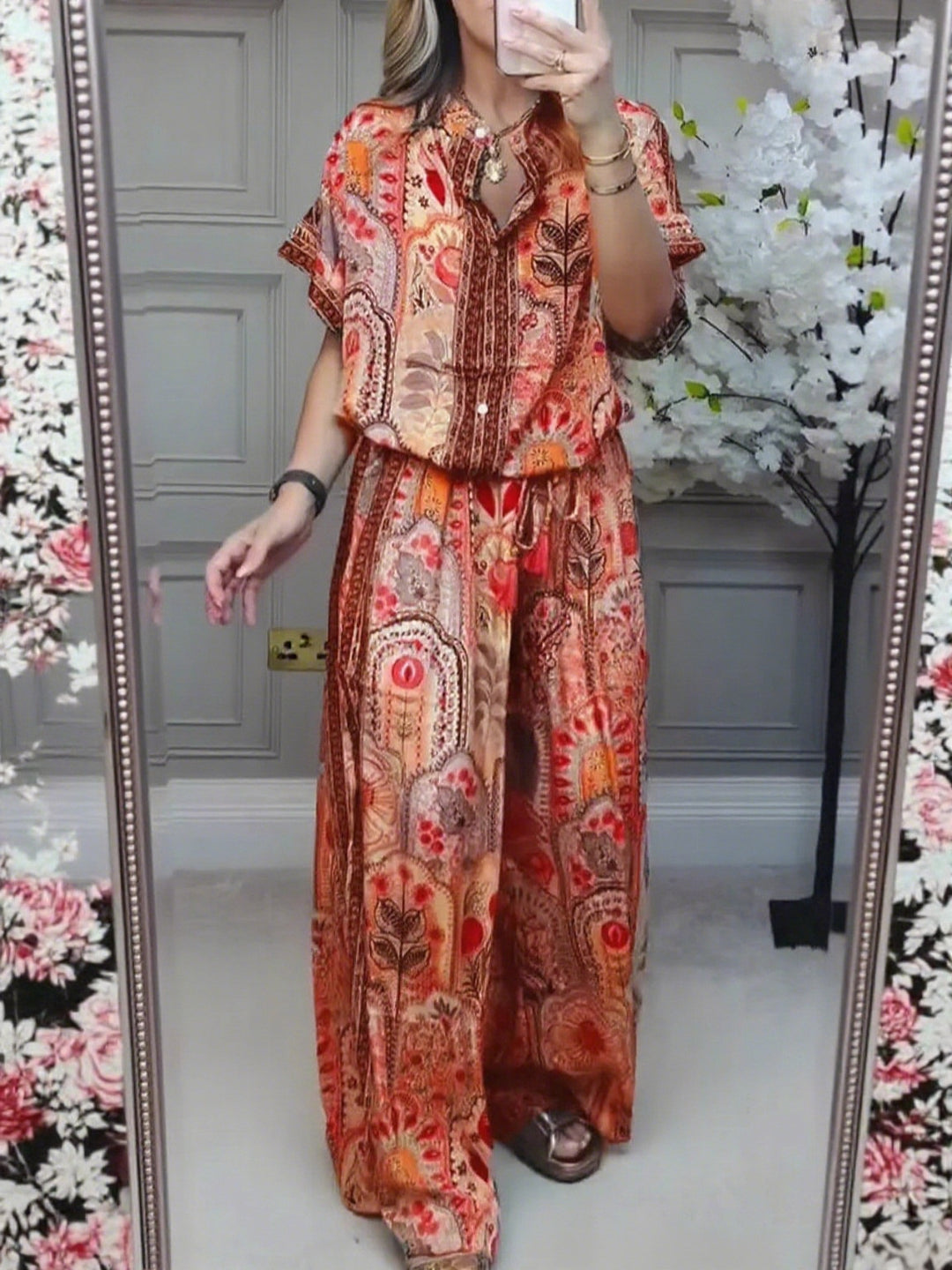 Damen nan Boho-Zweiteiler aus leichter Viskose mit Kurzarmbluse Knopfleiste Kordelbund und weitem Palazzohose R&B