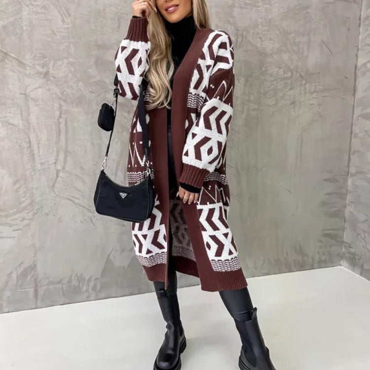 Damen Strickmantel mit geometrischem Muster und weitem Schnitt