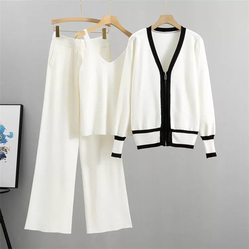Damen lässiges Strick-Loungewear-Set mit hochwertigem Zip-Cardigan und Weitbein-Hosen R&B