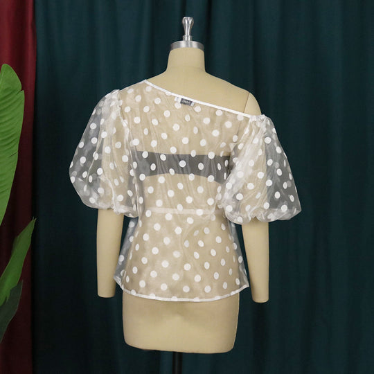 Damen Verspielte Bluse mit transparentem Polka-Punkten Design und Puffärmeln R&B