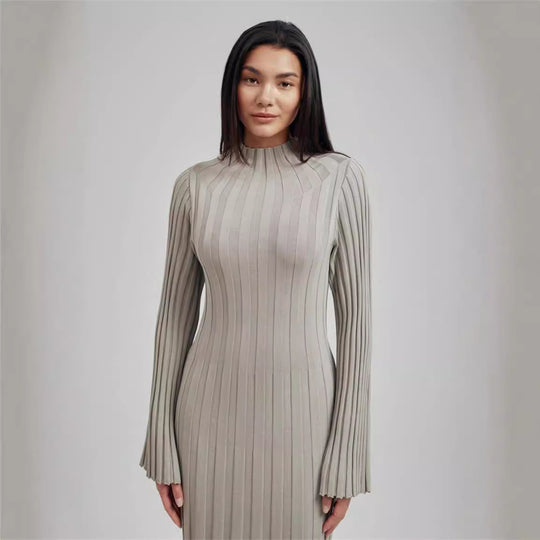 Damen Maxikleid mit elegantem Rippdesign und hochgeschlossenem Kragen R&B