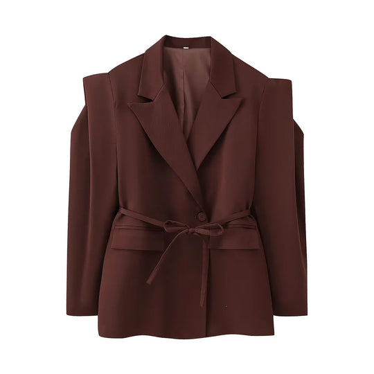 Damen elegante Oversized-Blazerjacke mit Gürtel und Schulterpolstern R&B