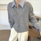 Damen Strickjacke mit Blusenkragen und Knopfdetails