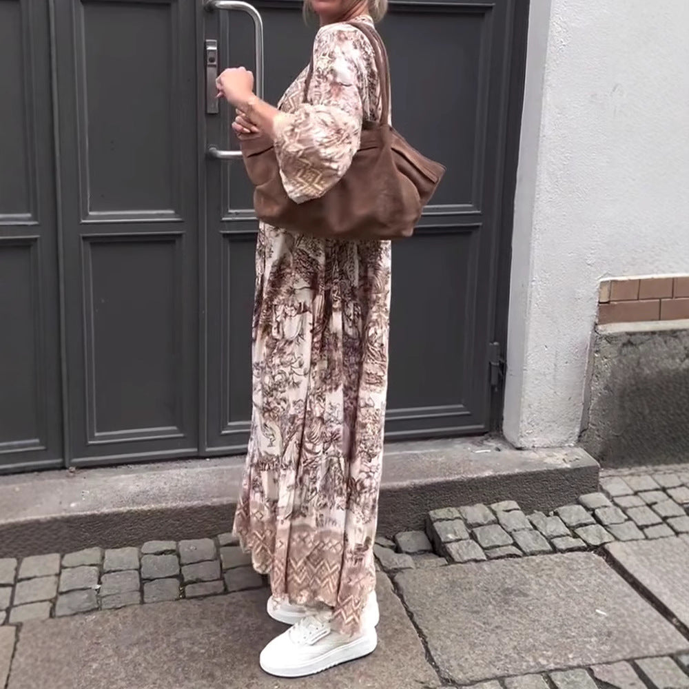 Damen nan Stufenmaxikleid mit Ethno-Bordüre, Stehkragen und weiten Glockenärmeln R&B