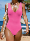 Damen Einteiliger Badeanzug mit V-Ausschnitt und strukturiertem Design R&B