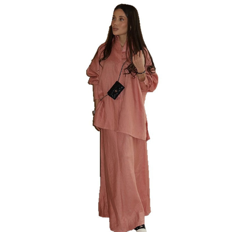 Damen elegantes Maxi-Rock-Set mit lässiger Bluse und Bindegürtel R&B
