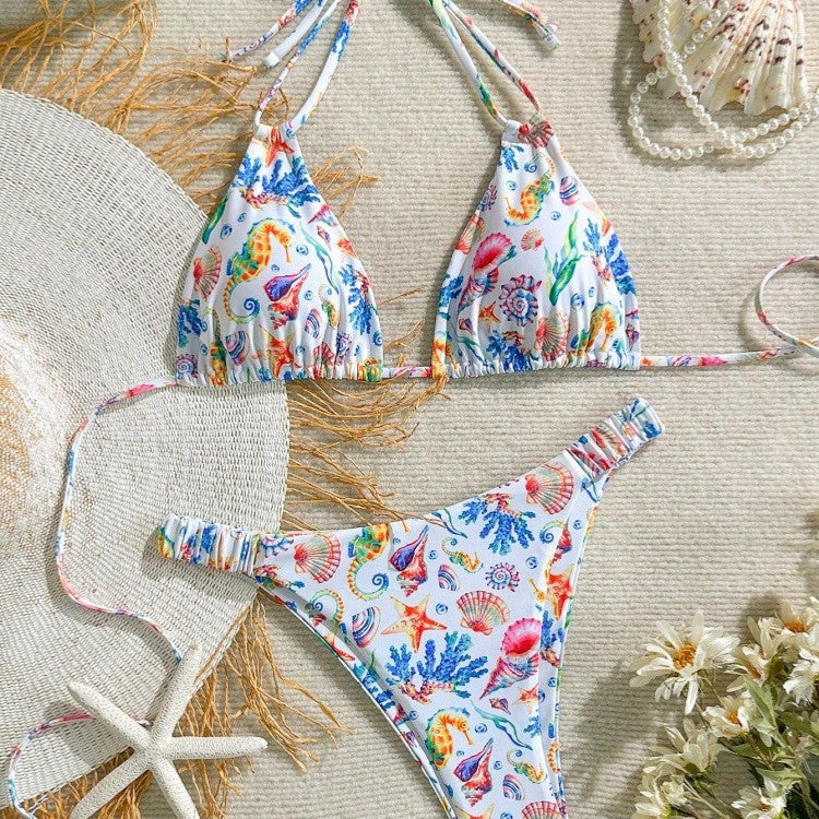 Damen Bikini-Set mit buntem Unterwasser-Motiv und verstellbaren Trägern R&B