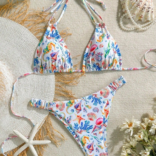 Damen Bikini-Set mit buntem Unterwasser-Motiv und verstellbaren Trägern R&B