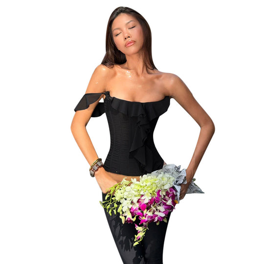 Damen elegante Spitzenbluse mit asymmetrischem Design R&B