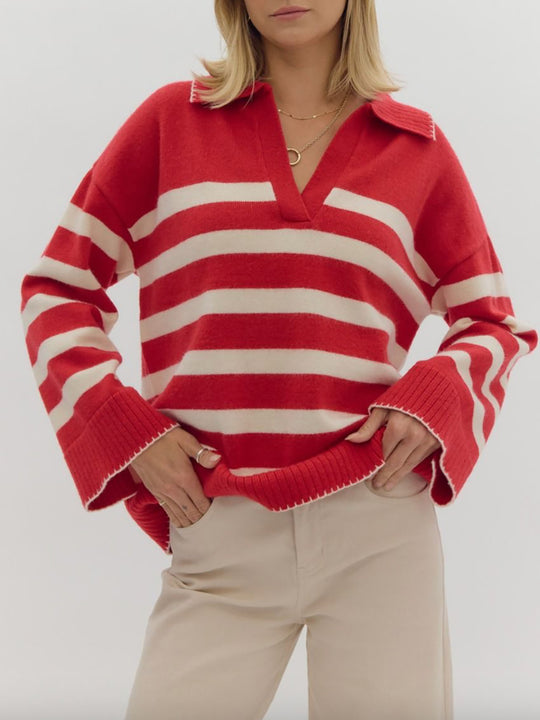 Damen kuschelige Strickpullover mit modernem Streifenmuster und V-Ausschnitt R&B