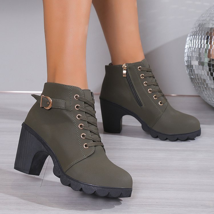 Damen Schnürstiefeletten mit Blockabsatz und Reißverschluss R&B
