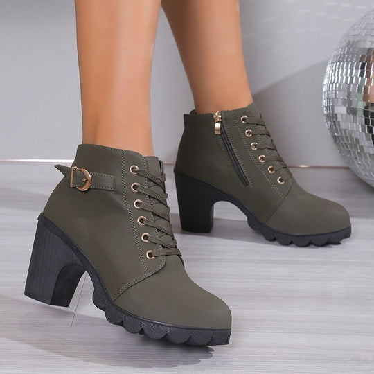 Damen Schnürstiefeletten mit Blockabsatz und Reißverschluss R&B