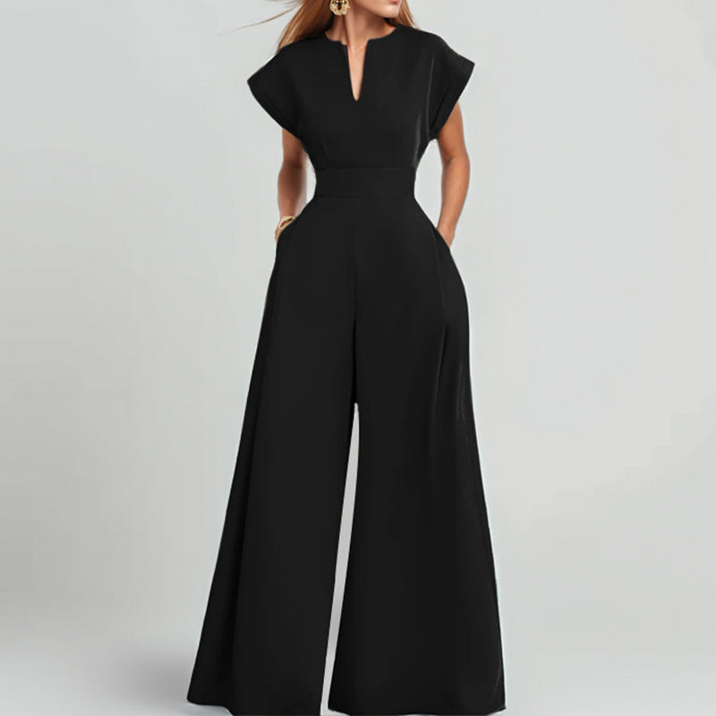 Damen Eleganter Jumpsuit mit Weitem Bein und Schalkragen R&B