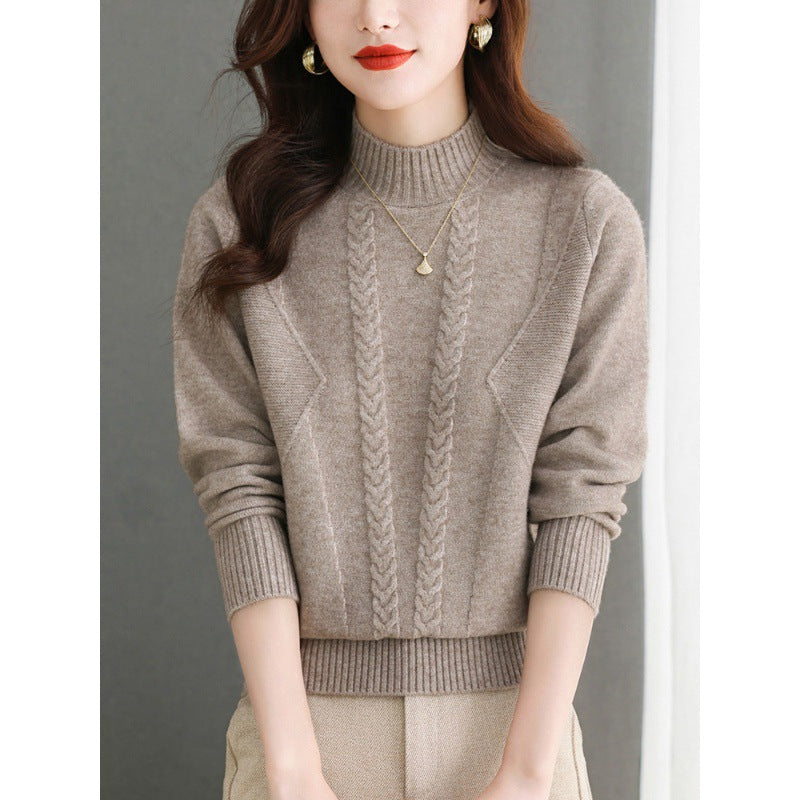 Damen Grobstrickpullover mit elegantem Zopfmuster und hohem Kragen R&B