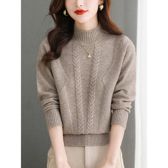 Damen Grobstrickpullover mit elegantem Zopfmuster und hohem Kragen R&B