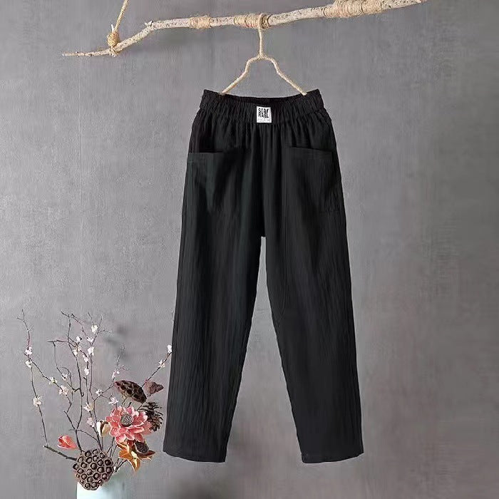 Damen nan lässige Leinenmix-Hose mit elastischem Bund, geradem Bein und großen aufgesetzten Taschen R&B