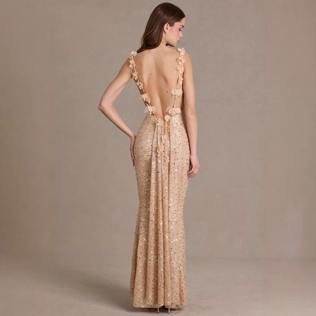 Damen elegantes Pailletten-Maxi-Kleid mit schickem Wasserfallausschnitt und figurbetonter Silhouette R&B