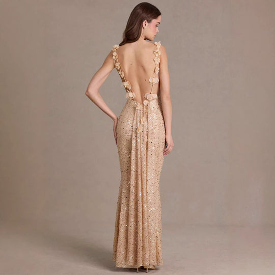 Damen elegantes Pailletten-Maxi-Kleid mit schickem Wasserfallausschnitt und figurbetonter Silhouette R&B