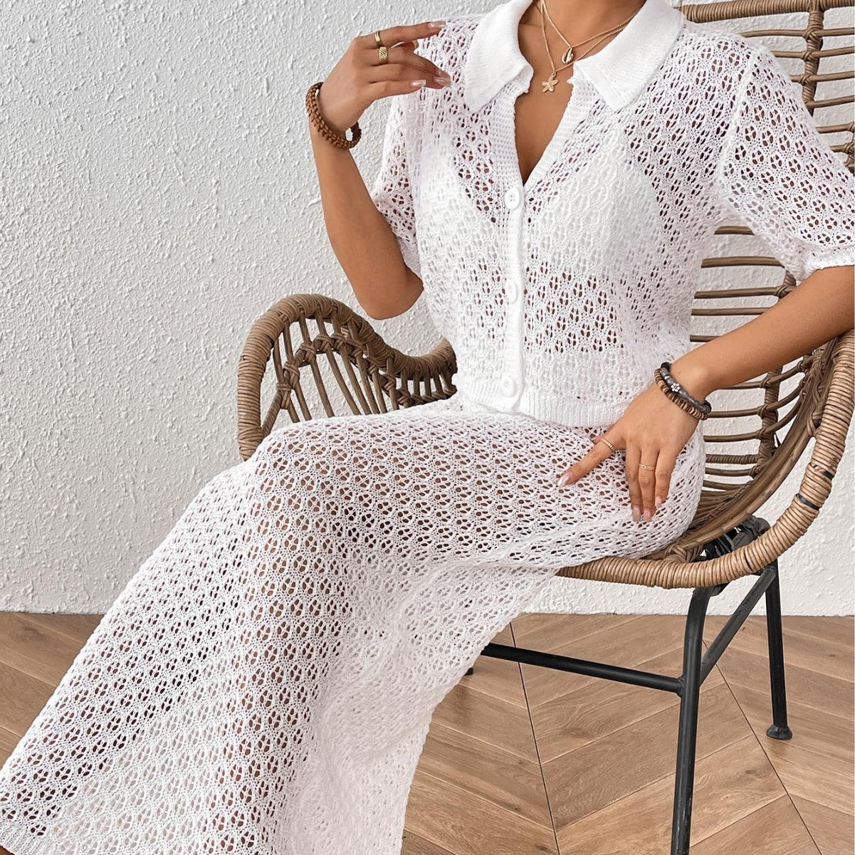 Damen elegantes Häkel-Kimono-Set R&B