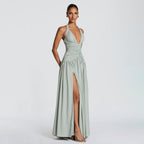 Damen Maxikleid mit tiefem V-Ausschnitt und figurbetonter Raffung R&B