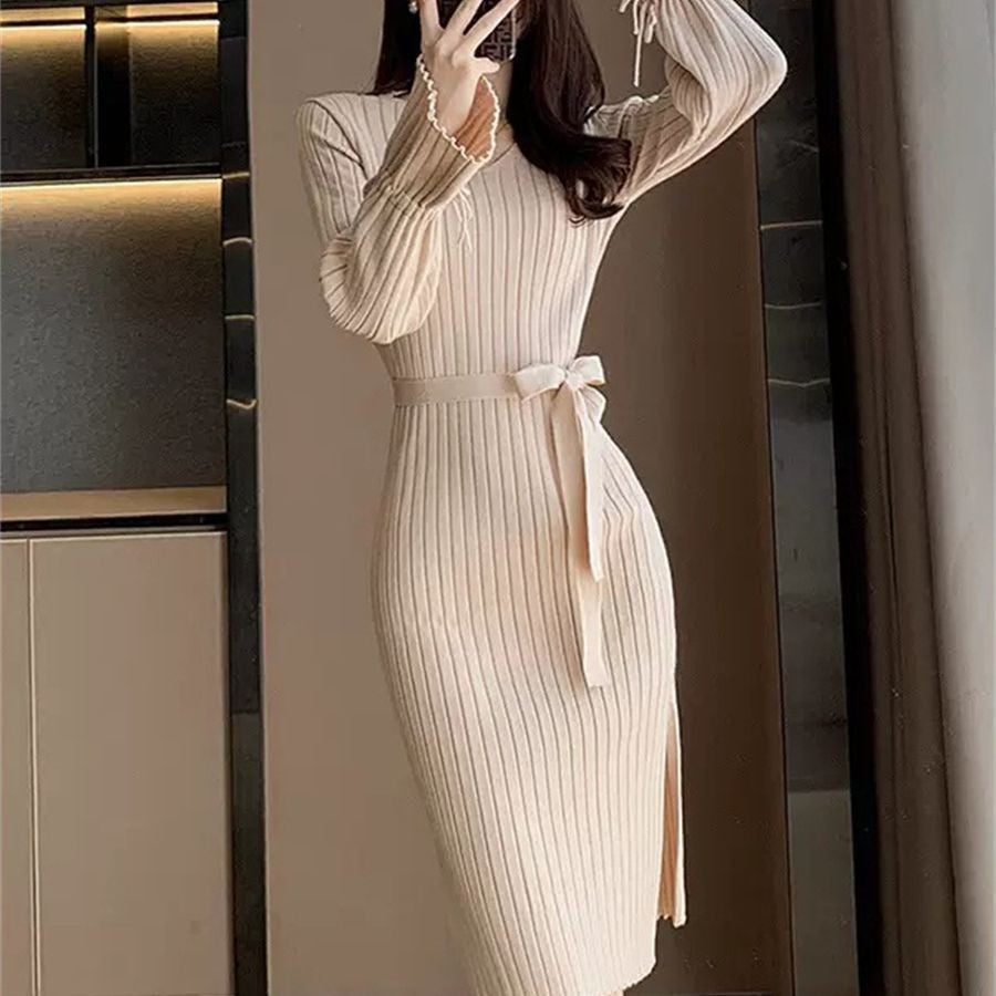 Damen Figurbetontes Maxikleid mit Bindegürtel und Rippstruktur R&B