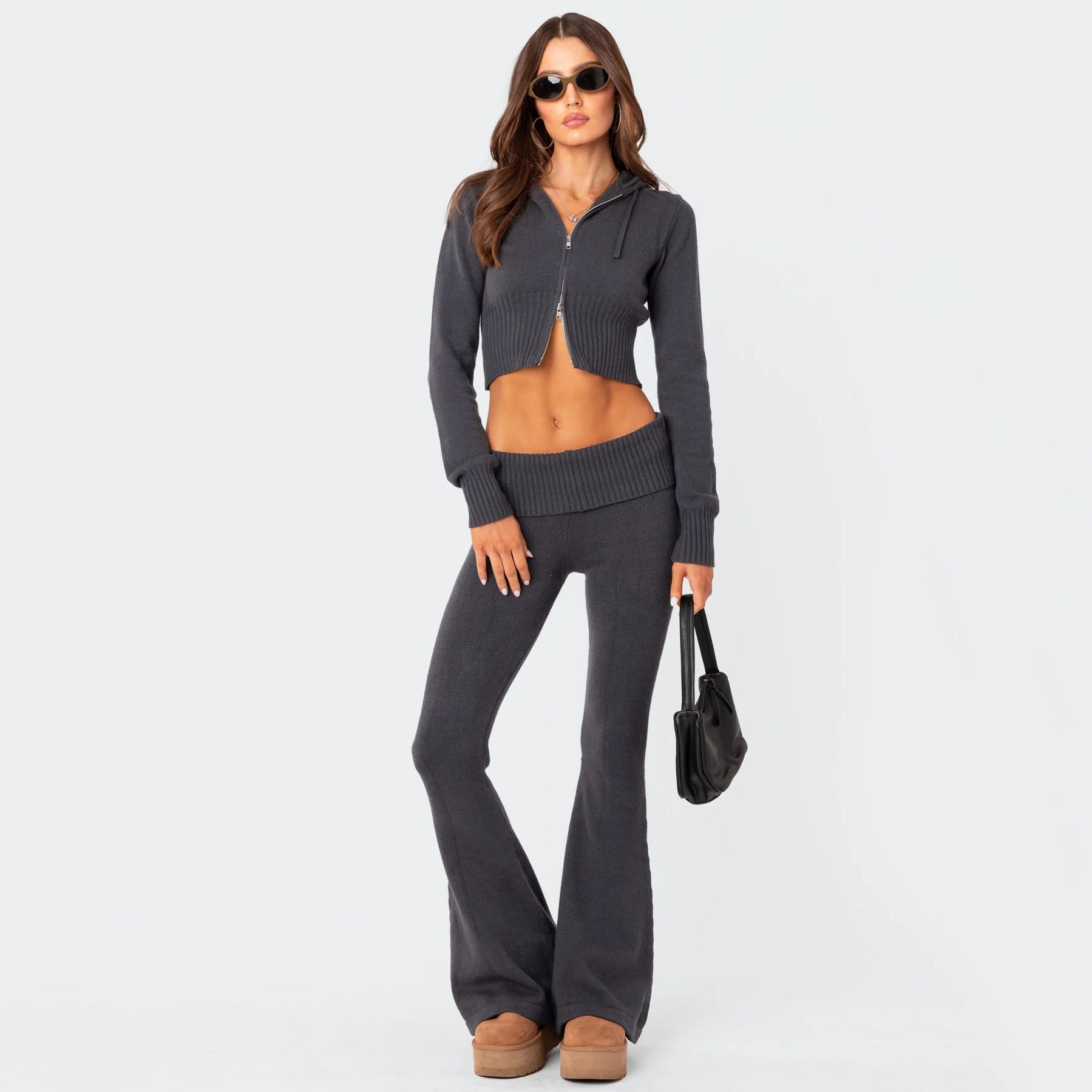 Damen Cropped Strick-Set mit hoher Taille und weitem Bein R&B